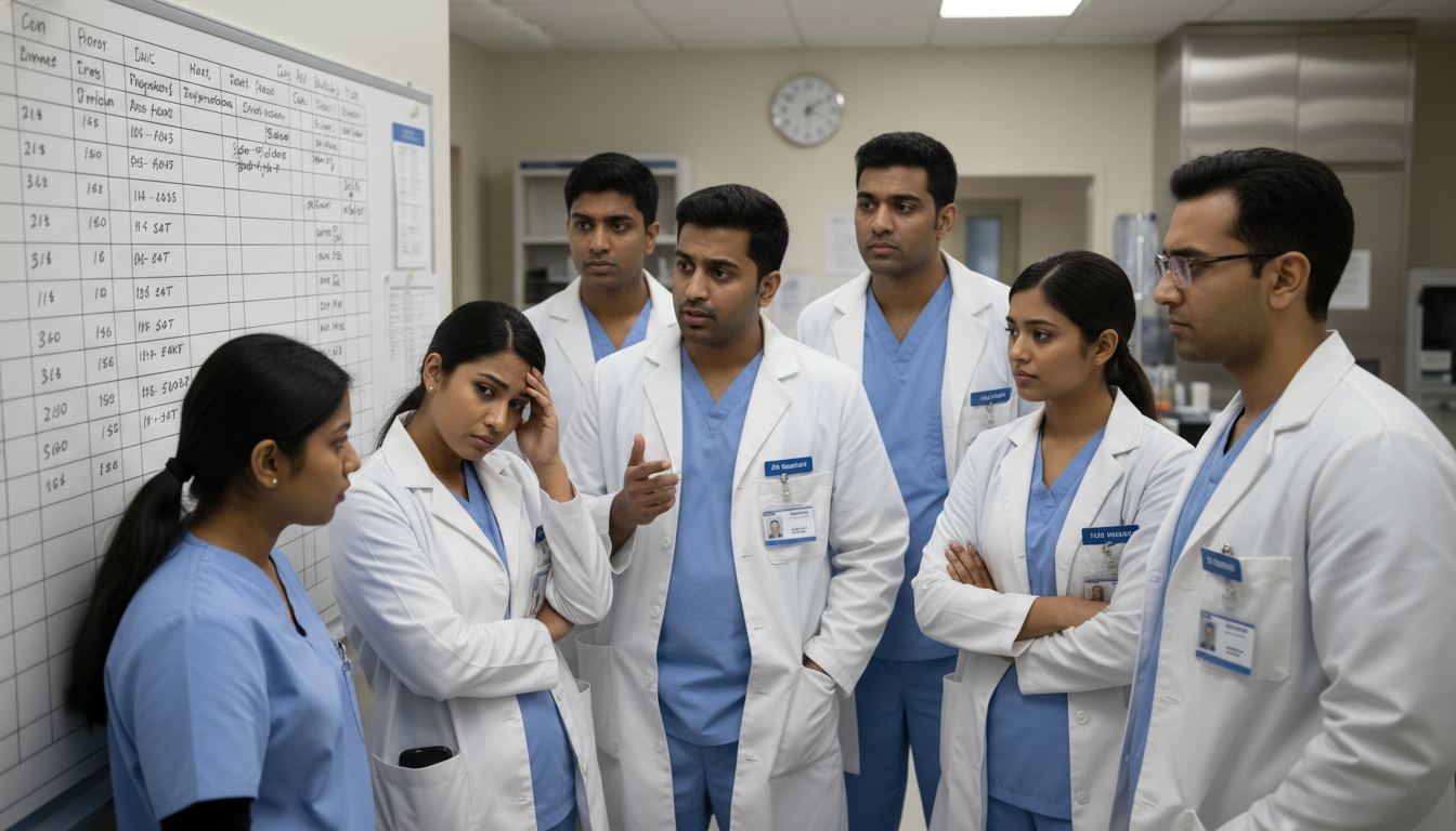 OB GYN residents reviewing call schedules and discussing workload OB GYN residents reviewing call schedules and discussing workload - IMG residency guide for Resident Turnover Warning Signs f