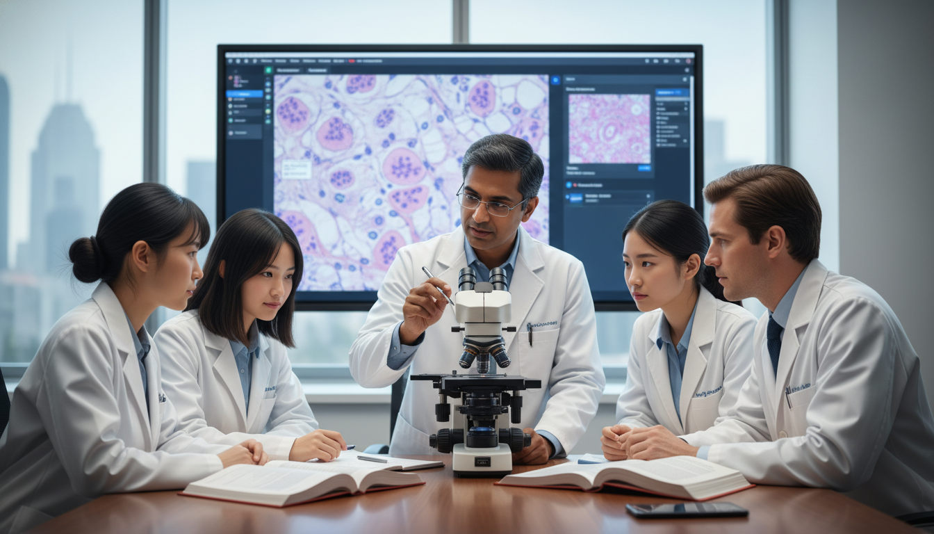 Academic pathologist teaching residents at a multiheaded microscope Academic pathologist teaching residents at a multiheaded microscope - IMG residency guide for Academic vs Private Practice fo