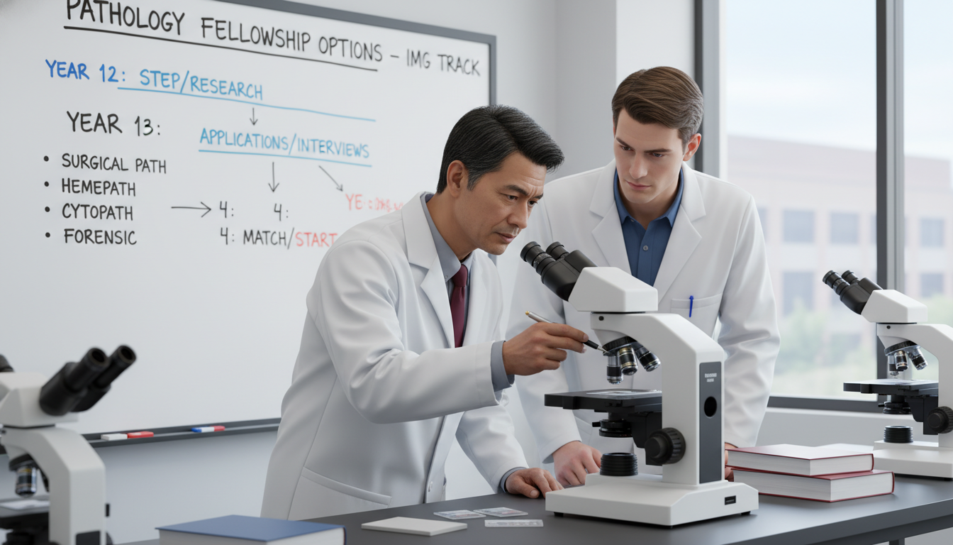 Pathology resident and mentor reviewing slides to plan fellowship choices - IMG residency guide for Fellowship Preparation fo