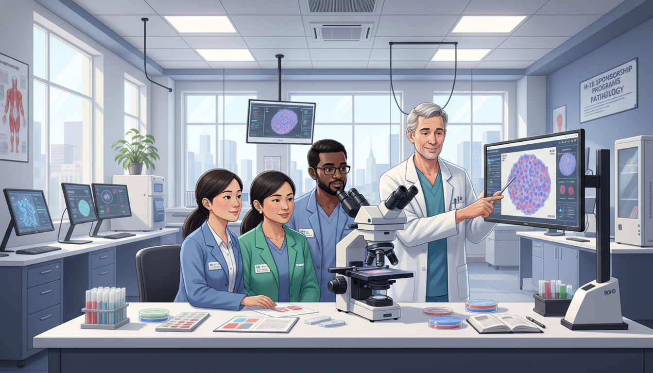 Pathology residents and faculty around a multi-head microscope Pathology residents and faculty around a multi-head microscope - IMG residency guide for H-1B Sponsorship Programs for Intern