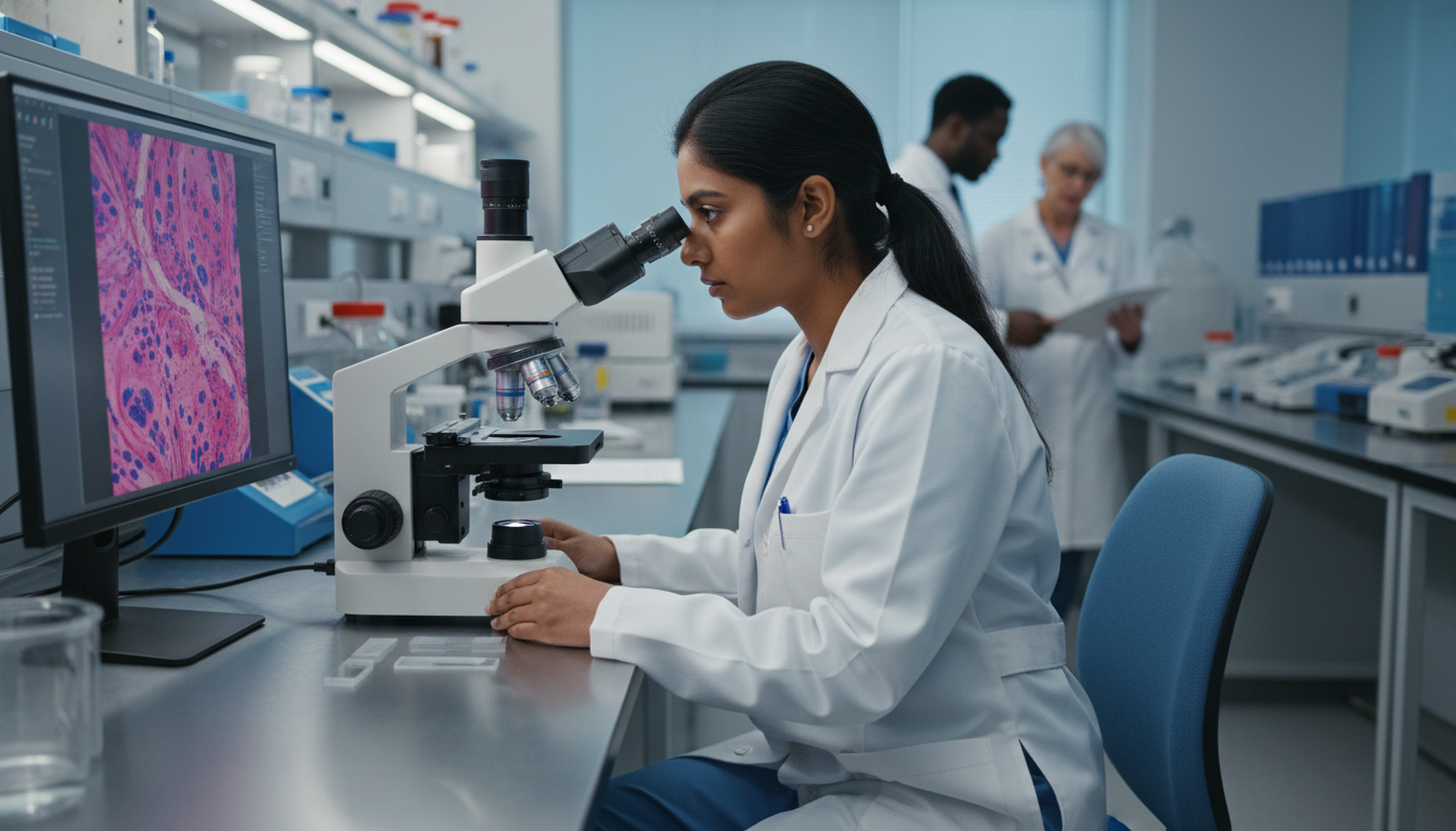 Pathology resident reviewing slides in a histology lab - IMG residency guide for Low Step Score Strategies for International