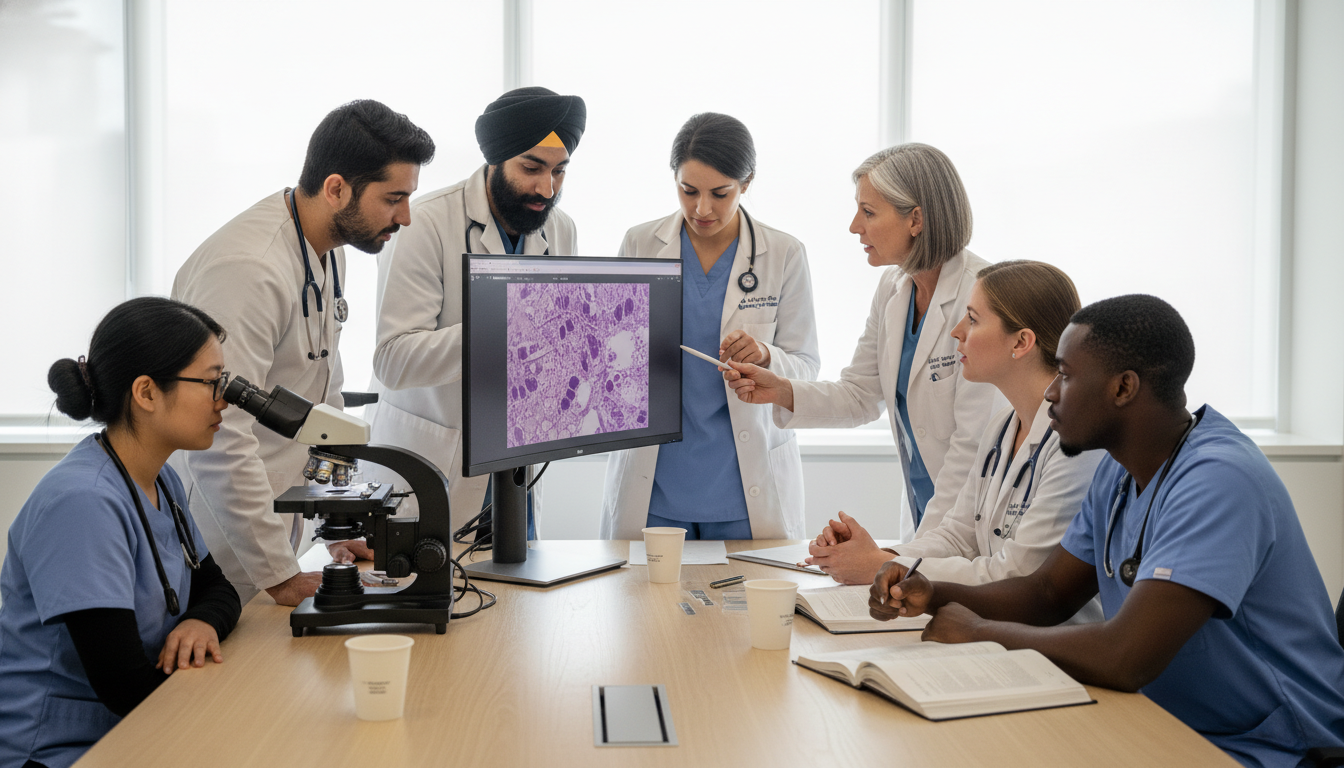 Pathology residents examining slides at multi-headed microscope during sign-out Pathology residents examining slides at multi-headed microscope during sign-out - IMG residency guide for Identifying Maligna