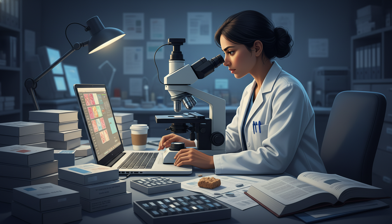 Pathology resident at microscope balancing workload and learning - IMG residency guide for Questions to Ask Programs for Inte
