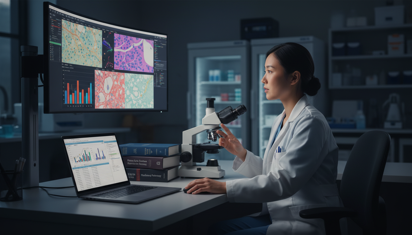 Pathology resident researching digital slides and data for a clinical study - IMG residency guide for Research During Residen