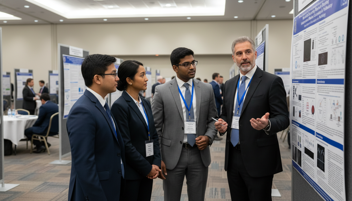 Pathology residents presenting a research poster at a national conference - IMG residency guide for Research During Residency