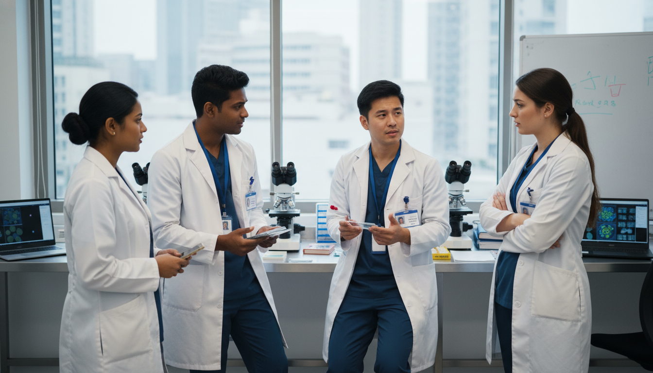 Group of pathology residents informally discussing their training experience Group of pathology residents informally discussing their training experience - IMG residency guide for Resident Turnover Warn