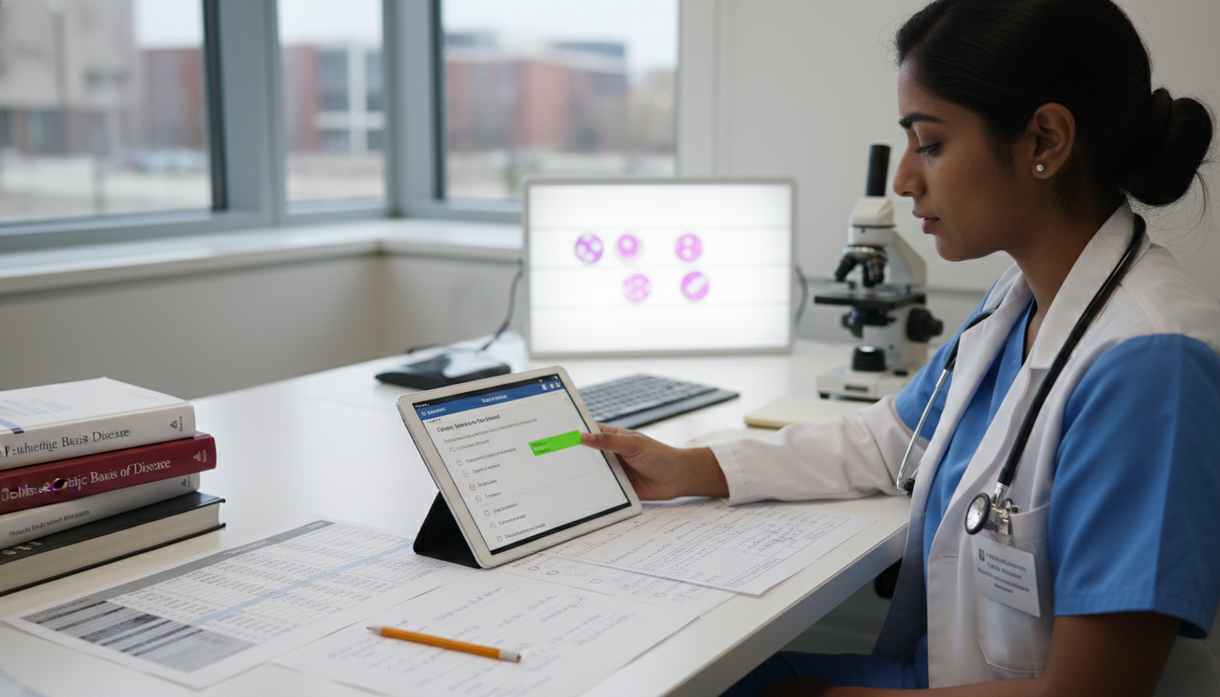 Medical graduate reviewing lab results and pathology-relevant topics for Step 2 CK - IMG residency guide for USMLE Step 2 CK