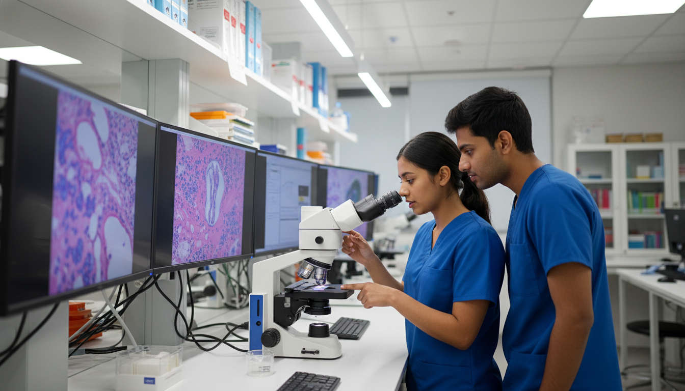 Pathology resident and international medical graduate reviewing histology slides - IMG residency guide for Step Score Strateg