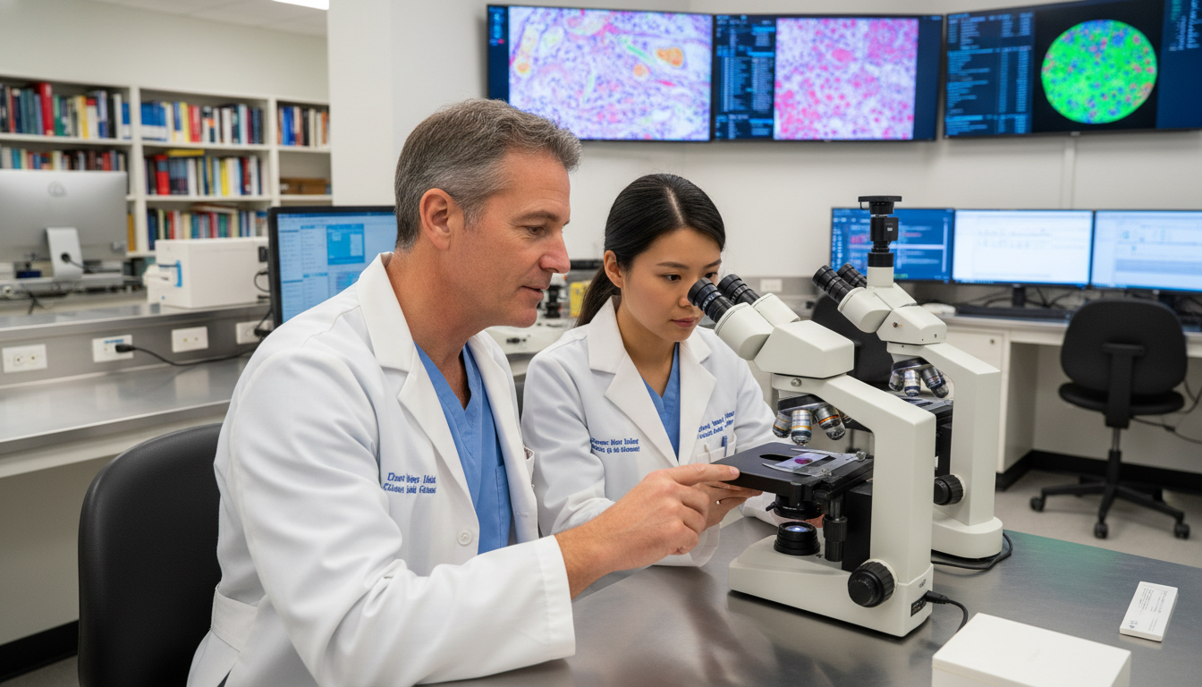 Pathology resident reviewing immunohistochemistry slides in a teaching hospital lab Pathology resident reviewing immunohistochemistry slides in a teaching hospital lab - IMG residency guide for Visa Navigation
