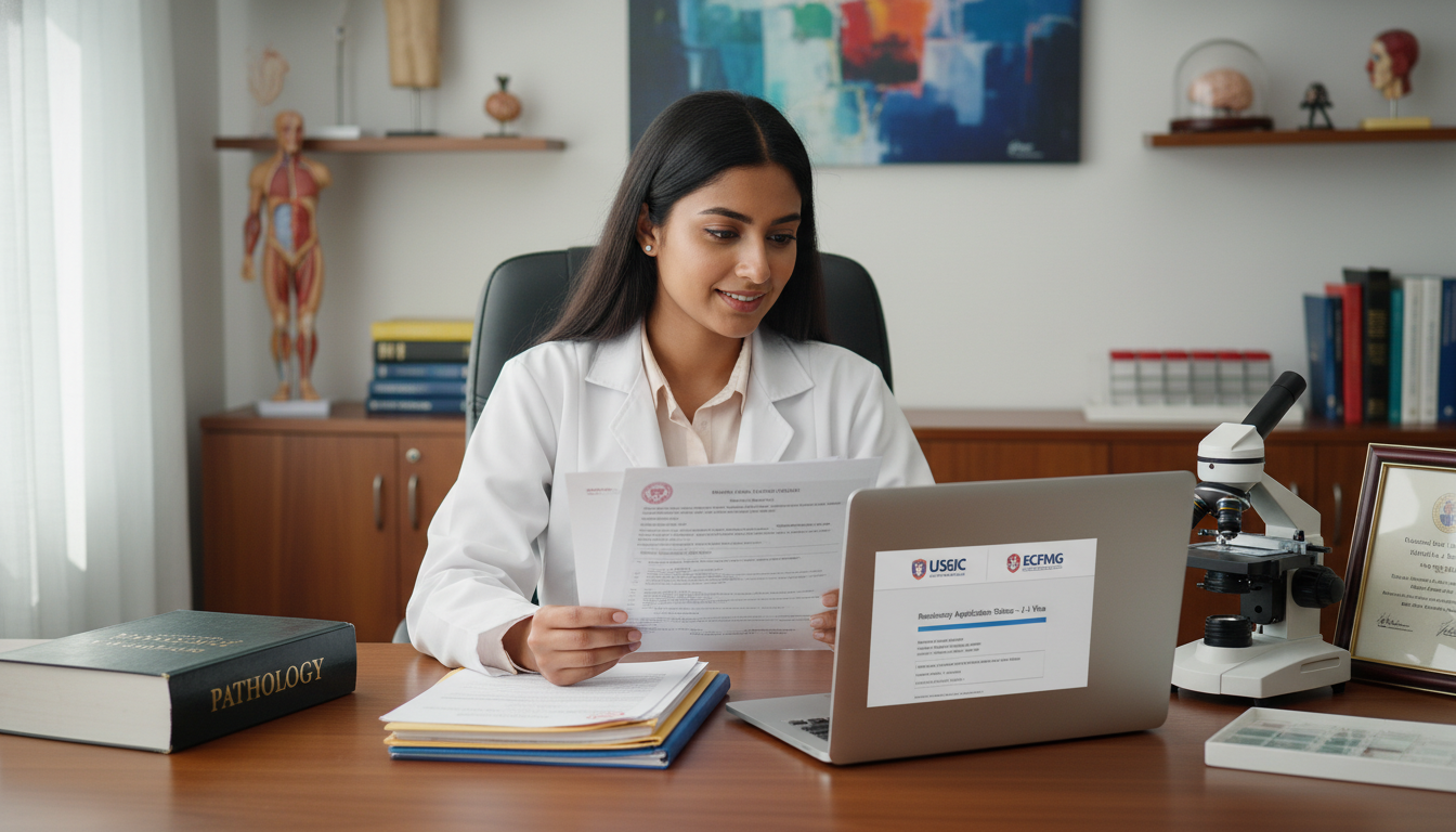 International pathology resident reviewing visa paperwork in a hospital office International pathology resident reviewing visa paperwork in a hospital office - IMG residency guide for Visa Navigation for