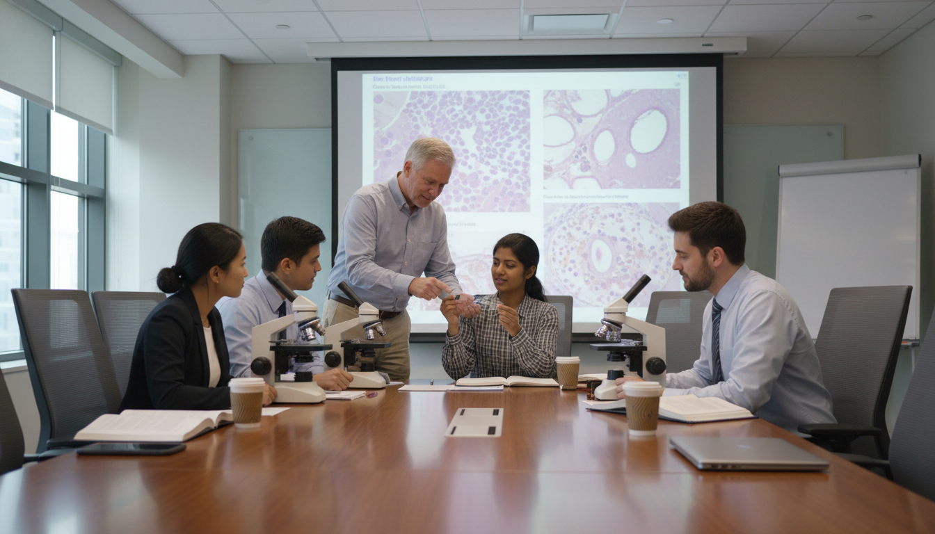 Pathology residents sharing slides in conference room Pathology residents sharing slides in conference room - IMG residency guide for Work-Life Balance Assessment for Internationa