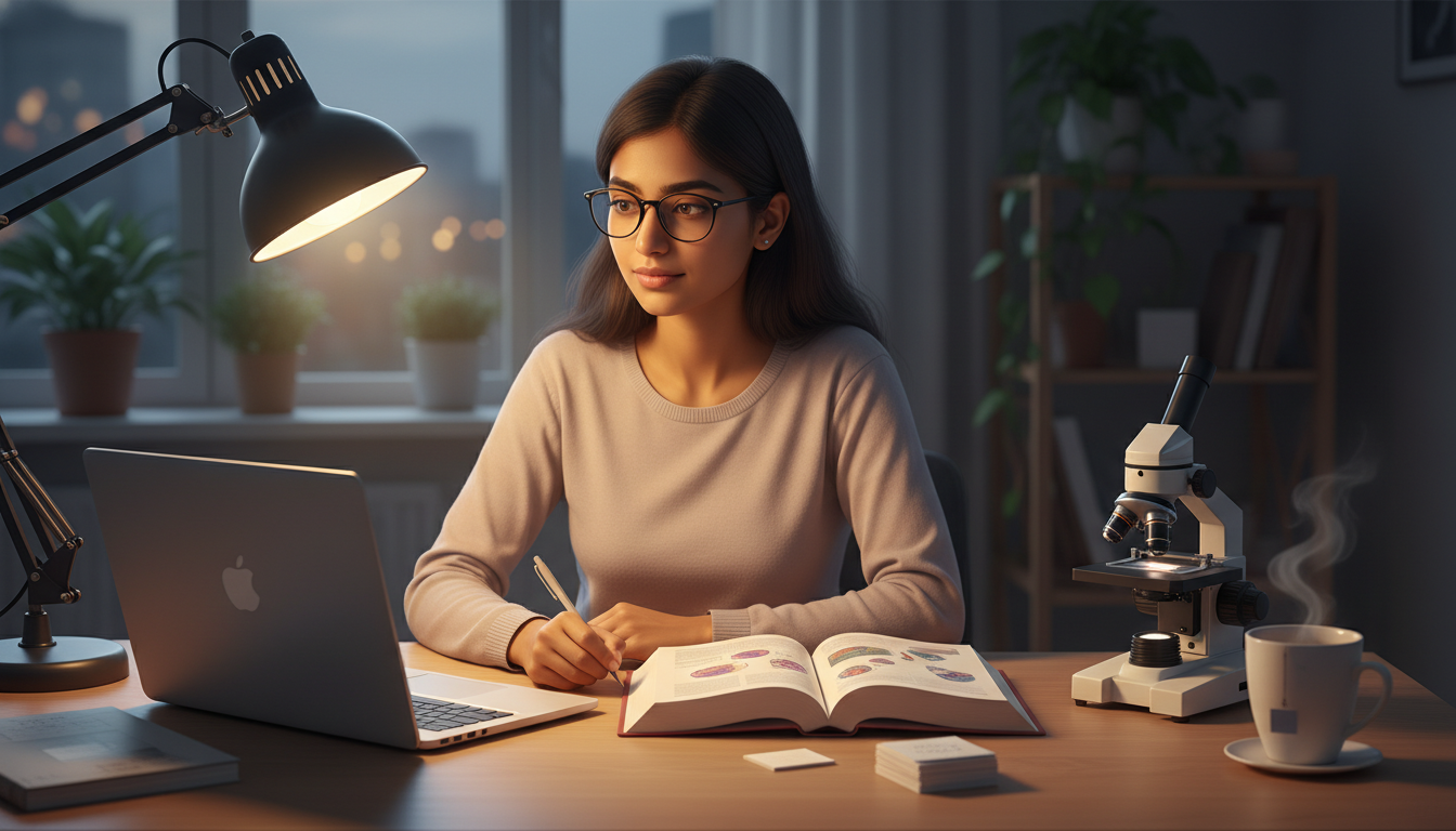 Pathology resident studying with laptop and microscope at home Pathology resident studying with laptop and microscope at home - IMG residency guide for Work-Life Balance Assessment for Int