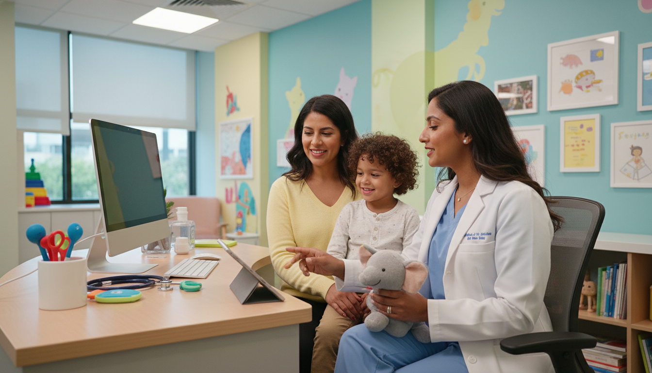 Pediatrician in a private practice clinic consulting with a family Pediatrician in a private practice clinic consulting with a family - IMG residency guide for Academic vs Private Practice for