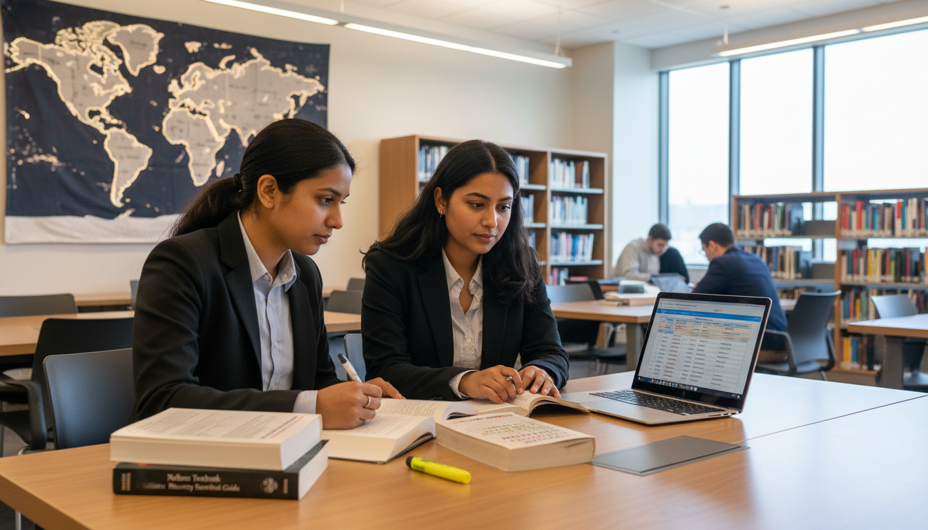 International medical graduates researching pediatric away rotations on laptop in library - IMG residency guide for Away Rota