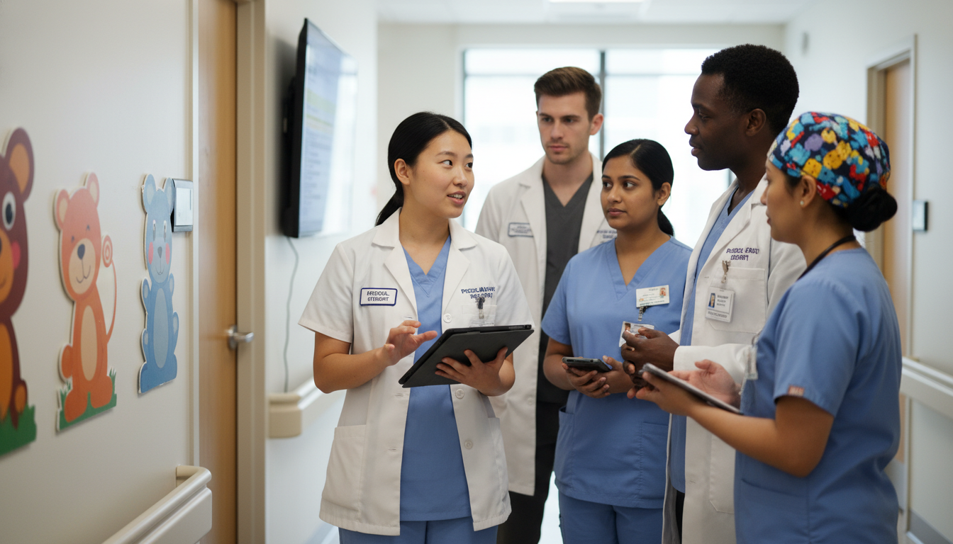 Pediatric team rounding with international medical graduate student presenting patient - IMG residency guide for Away Rotatio