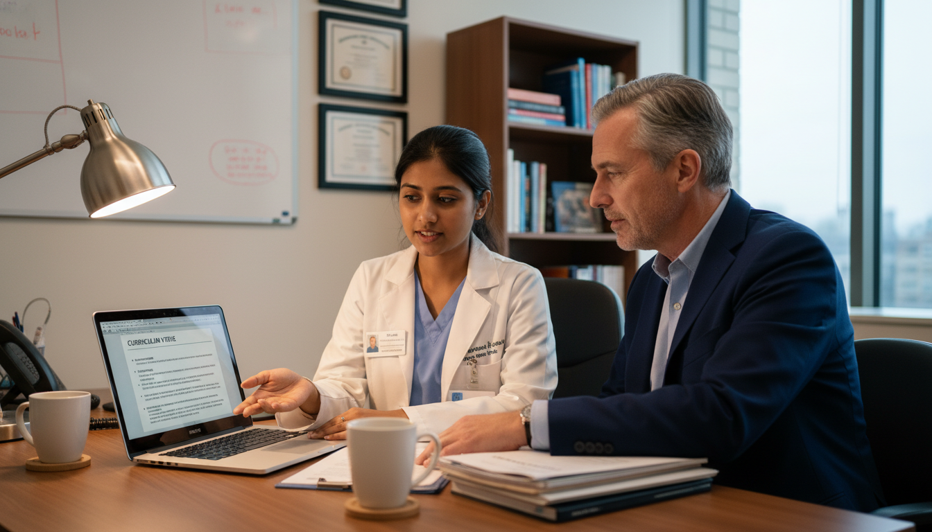 Pediatric resident discussing subspecialty career planning with a mentor Pediatric resident discussing subspecialty career planning with a mentor - IMG residency guide for Fellowship Preparation for