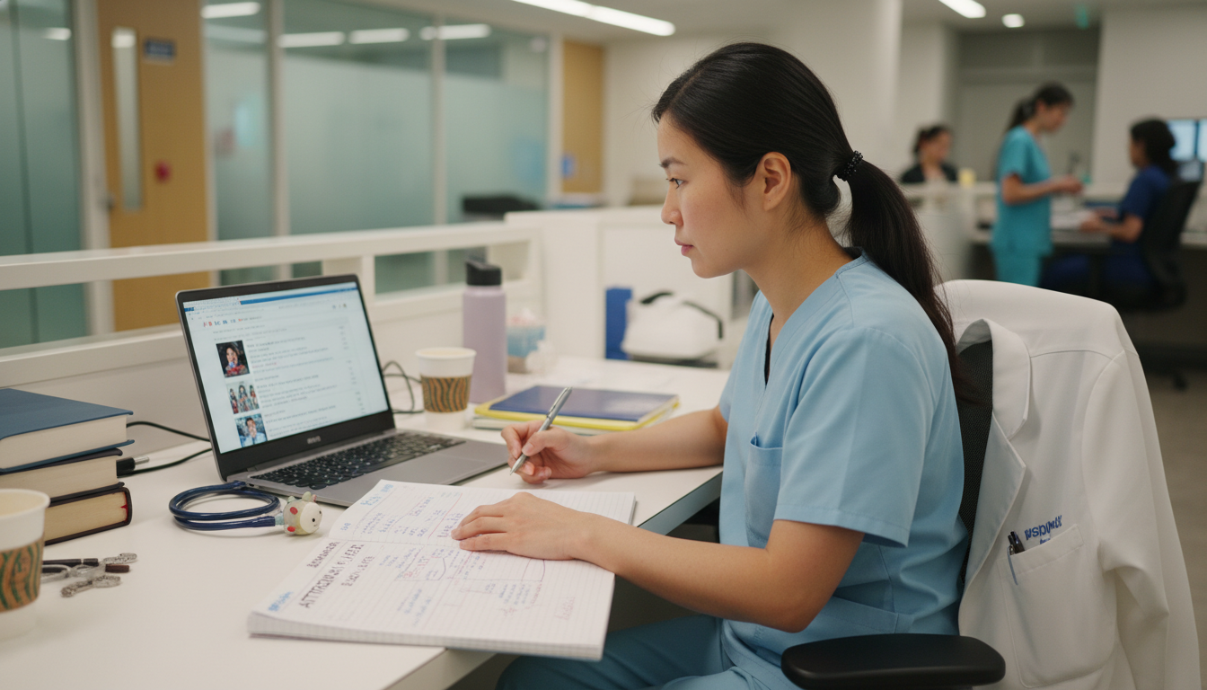 Pediatric fellow researching attending jobs on laptop - IMG residency guide for Job Search Timing for International Medical G