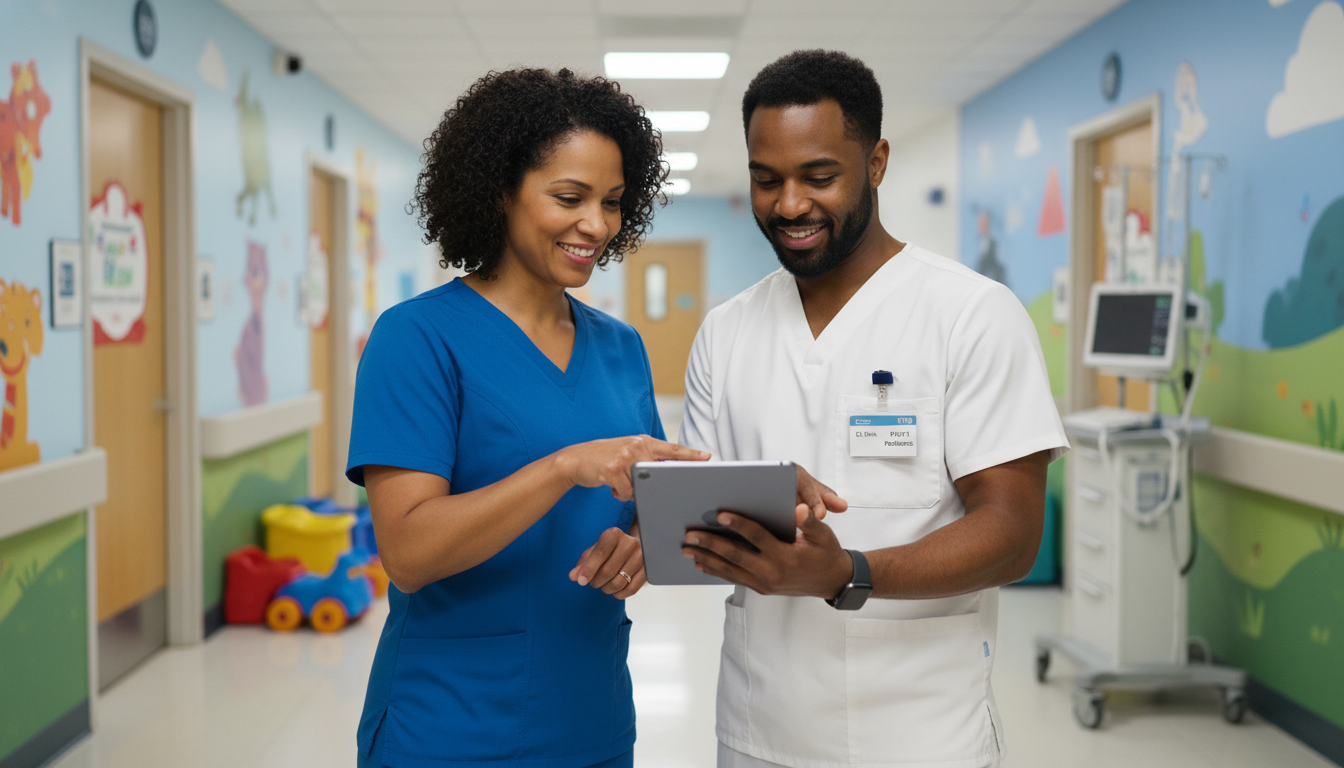 Pediatric resident working with an attending in a busy children’s hospital ward - IMG residency guide for Letters of Recommen