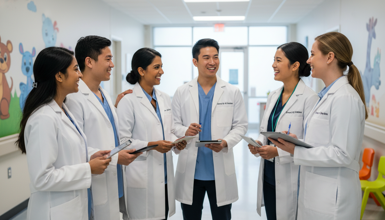 Diverse pediatrics residents discussing program culture Diverse pediatrics residents discussing program culture - IMG residency guide for How to Research Programs for International