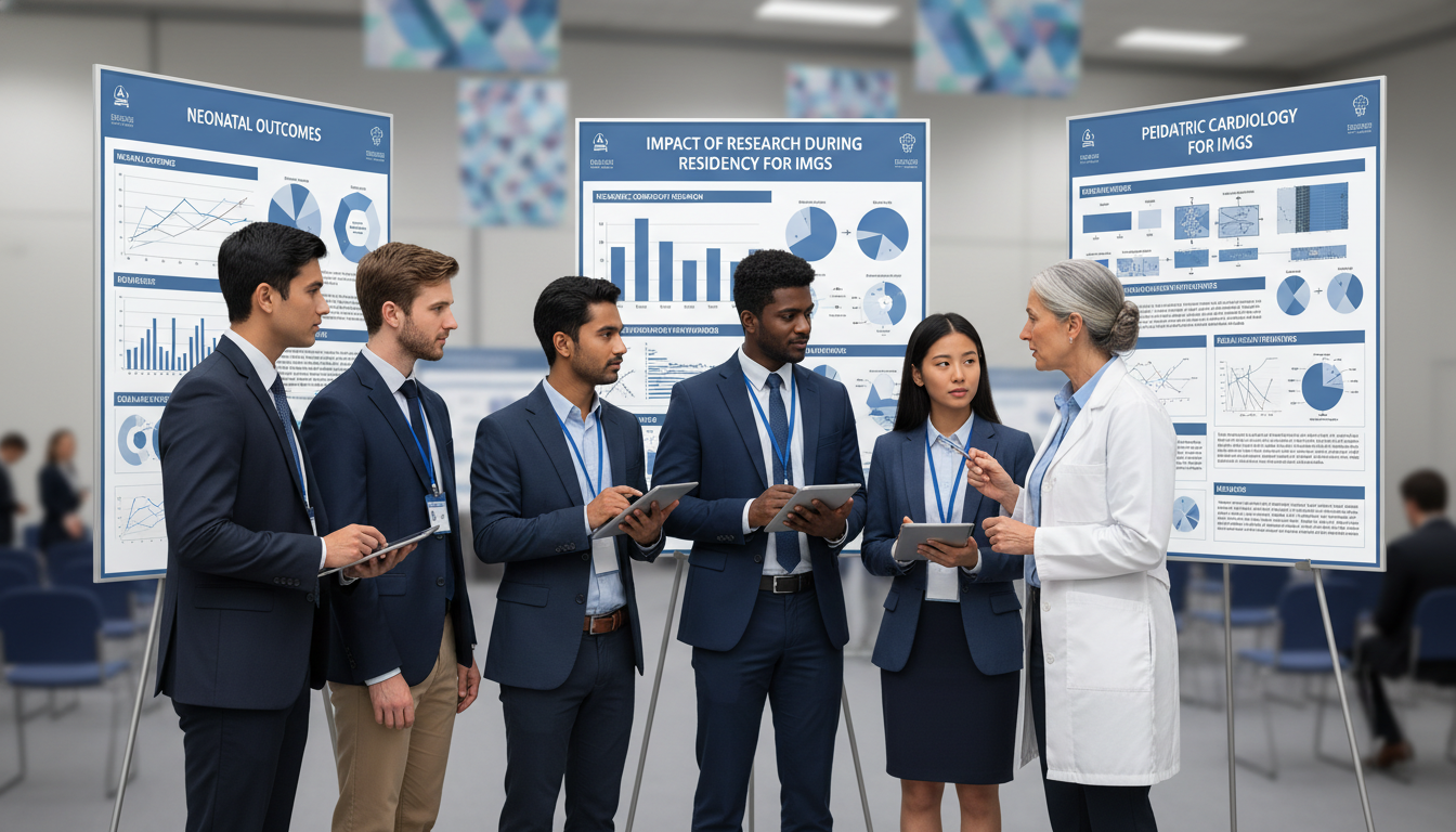 Pediatric residents presenting research posters at a conference - IMG residency guide for Research During Residency for Inter
