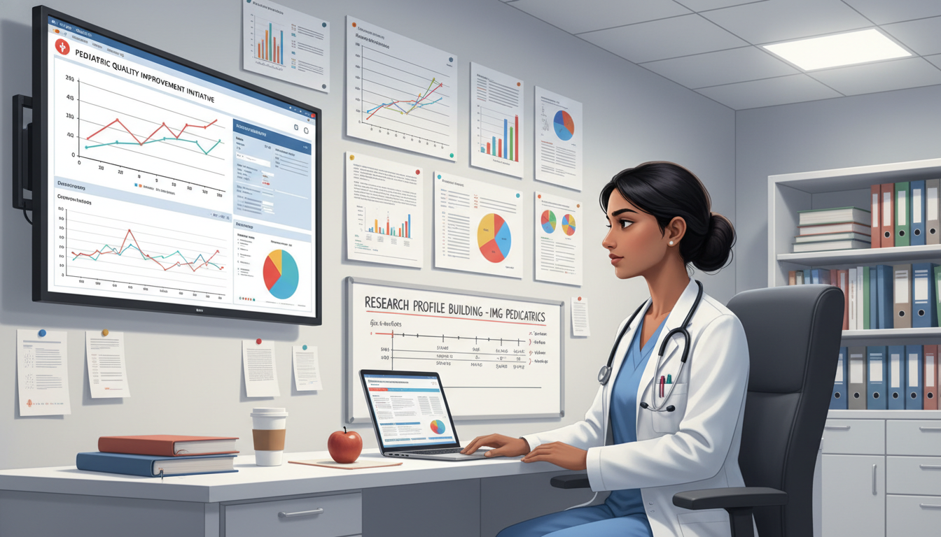 Pediatrics resident reviewing data for a quality improvement project - IMG residency guide for Research Profile Building for