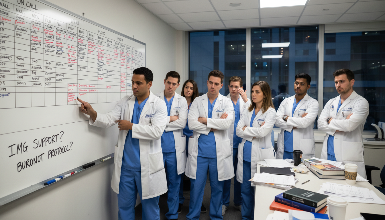 Pediatrics residents reviewing call schedules on a whiteboard Pediatrics residents reviewing call schedules on a whiteboard - IMG residency guide for Resident Turnover Warning Signs for I