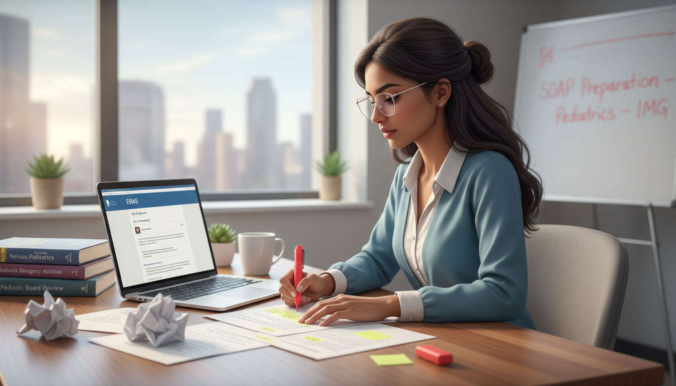 International medical graduate reviewing pediatrics residency application materials - IMG residency guide for SOAP Preparatio