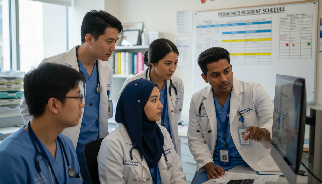 Pediatric residents during a team sign-out at the hospital Pediatric residents during a team sign-out at the hospital - IMG residency guide for Work-Life Balance Assessment for Interna
