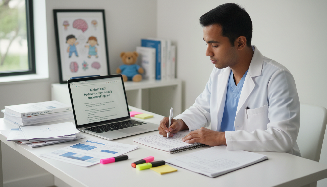 Residency applicant researching pediatrics-psychiatry programs and taking notes Residency applicant researching pediatrics-psychiatry programs and taking notes - IMG residency guide for Pre-Interview Prepa