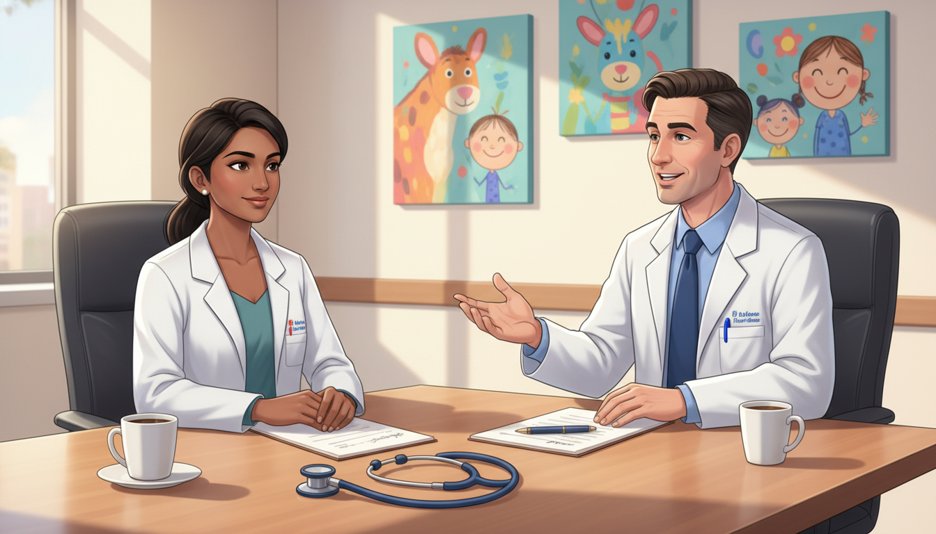 Pediatrics-psychiatry resident speaking with program director during residency interview day Pediatrics-psychiatry resident speaking with program director during residency interview day - IMG residency guide for Pre-Ma