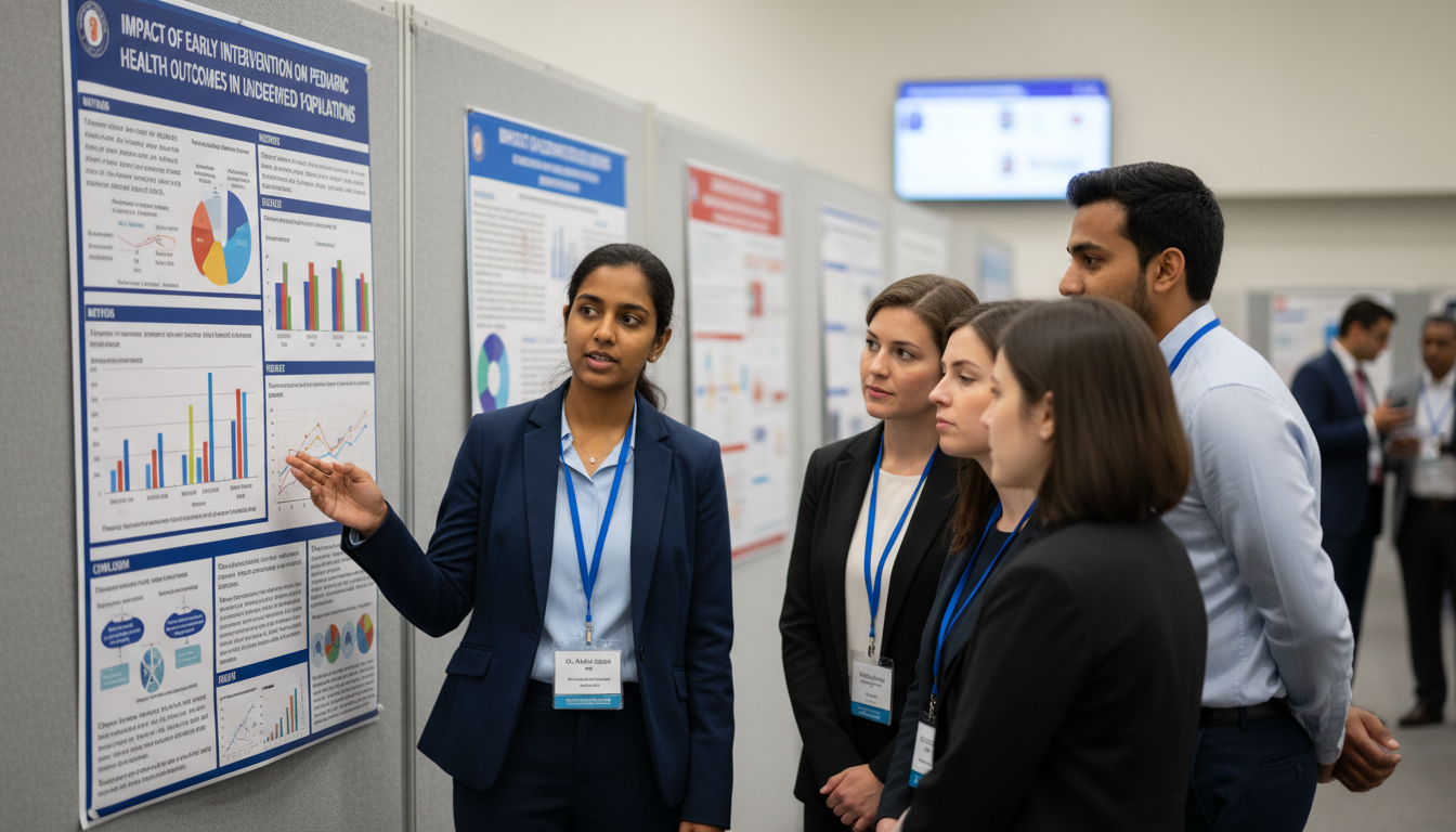 Resident reviewing pediatric psychiatry research posters at academic conference Resident reviewing pediatric psychiatry research posters at academic conference - IMG residency guide for Research During Res