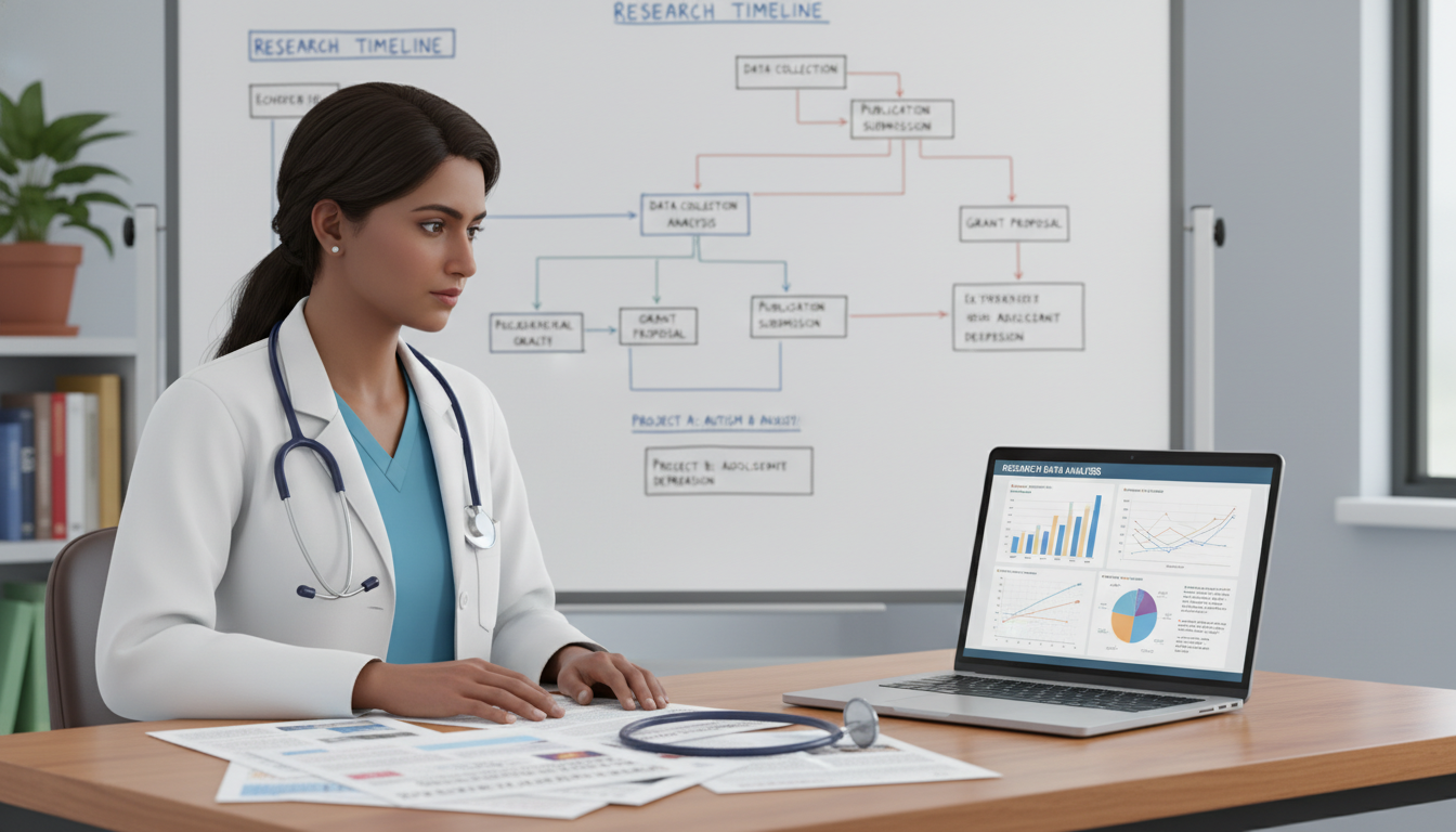 Resident working on data analysis for pediatric psychiatry research Resident working on data analysis for pediatric psychiatry research - IMG residency guide for Research During Residency for I