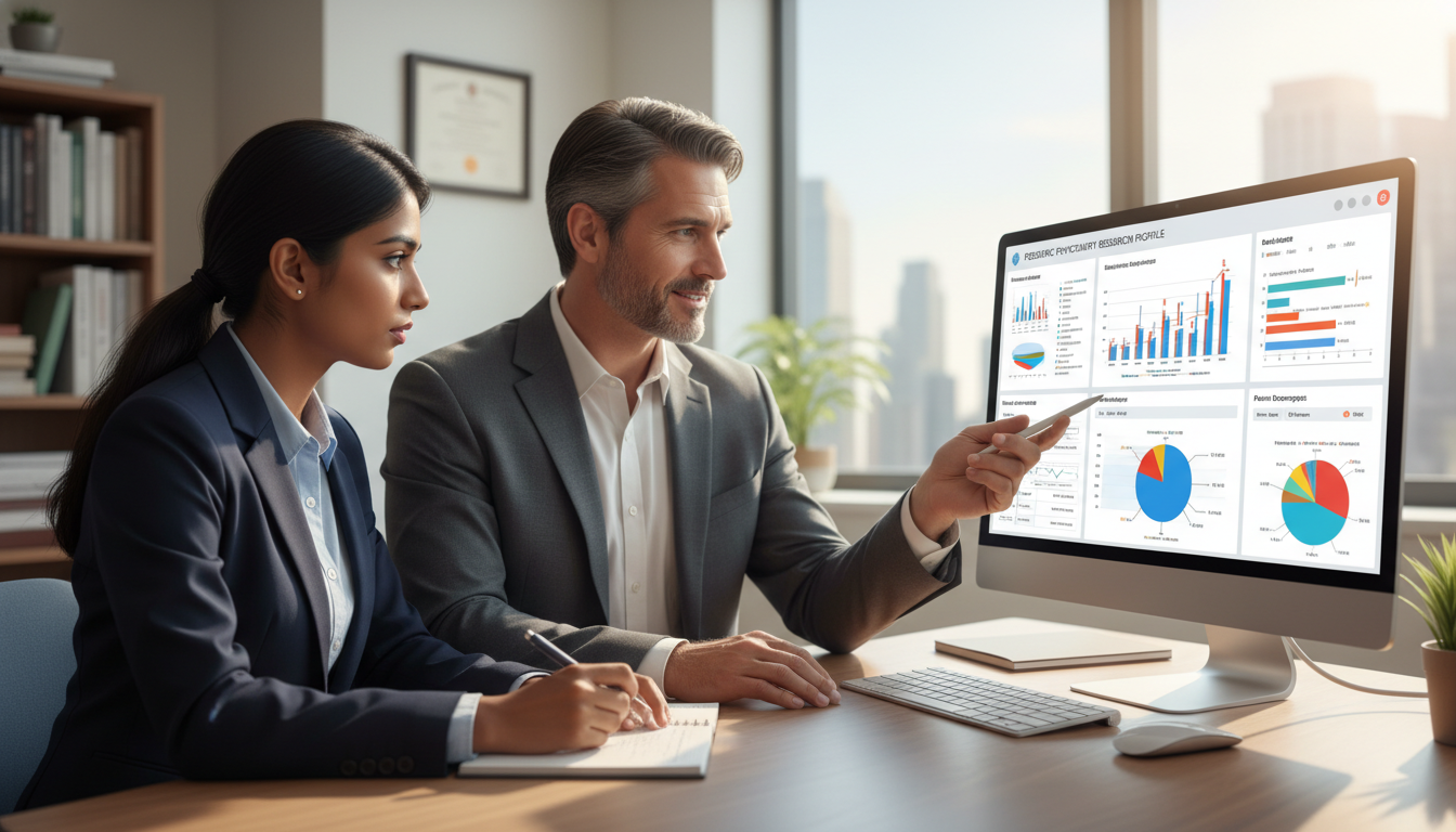 Medical trainee discussing pediatric psychiatry data analysis with mentor Medical trainee discussing pediatric psychiatry data analysis with mentor - IMG residency guide for Research Profile Building