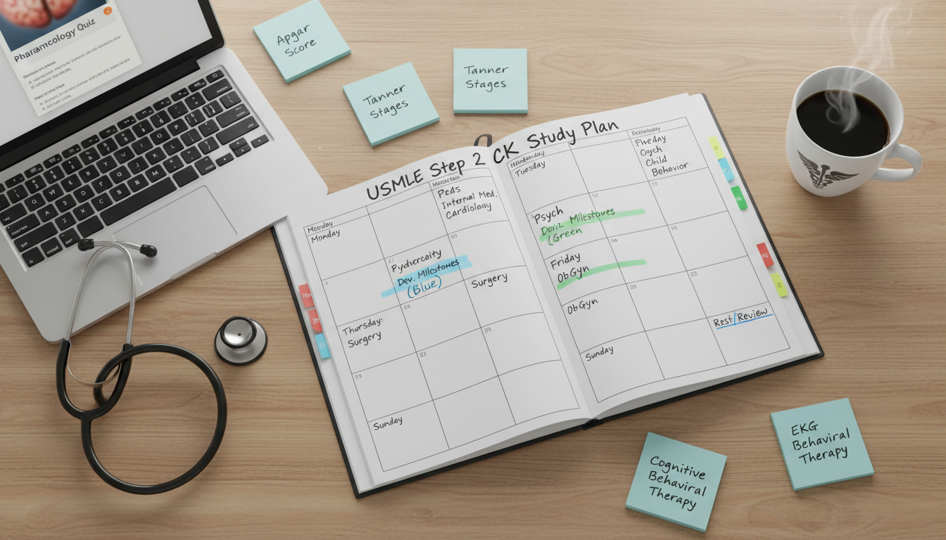 Study planner for USMLE Step 2 CK with pediatrics and psychiatry topics highlighted Study planner for USMLE Step 2 CK with pediatrics and psychiatry topics highlighted - IMG residency guide for USMLE Step 2 CK