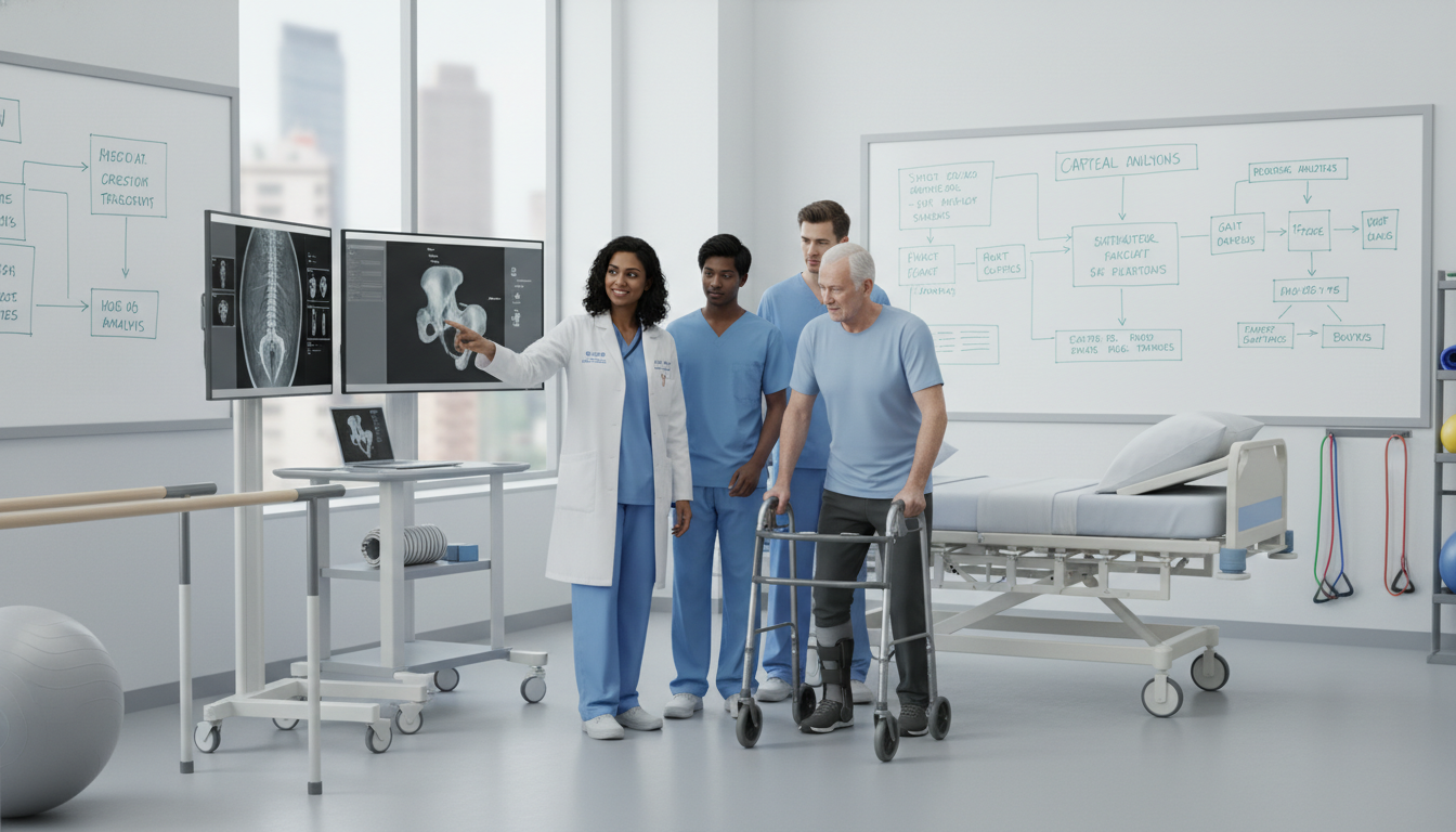 Academic physiatrist teaching residents and medical students in a rehabilitation gym Academic physiatrist teaching residents and medical students in a rehabilitation gym - IMG residency guide for Academic vs Pr