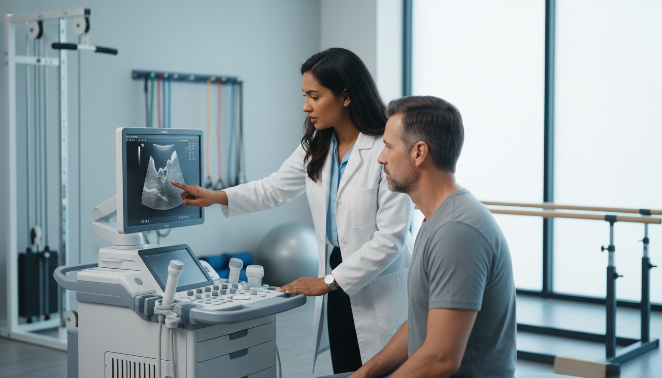 Physiatrist in private practice examining a patient in a modern outpatient clinic Physiatrist in private practice examining a patient in a modern outpatient clinic - IMG residency guide for Academic vs Priva