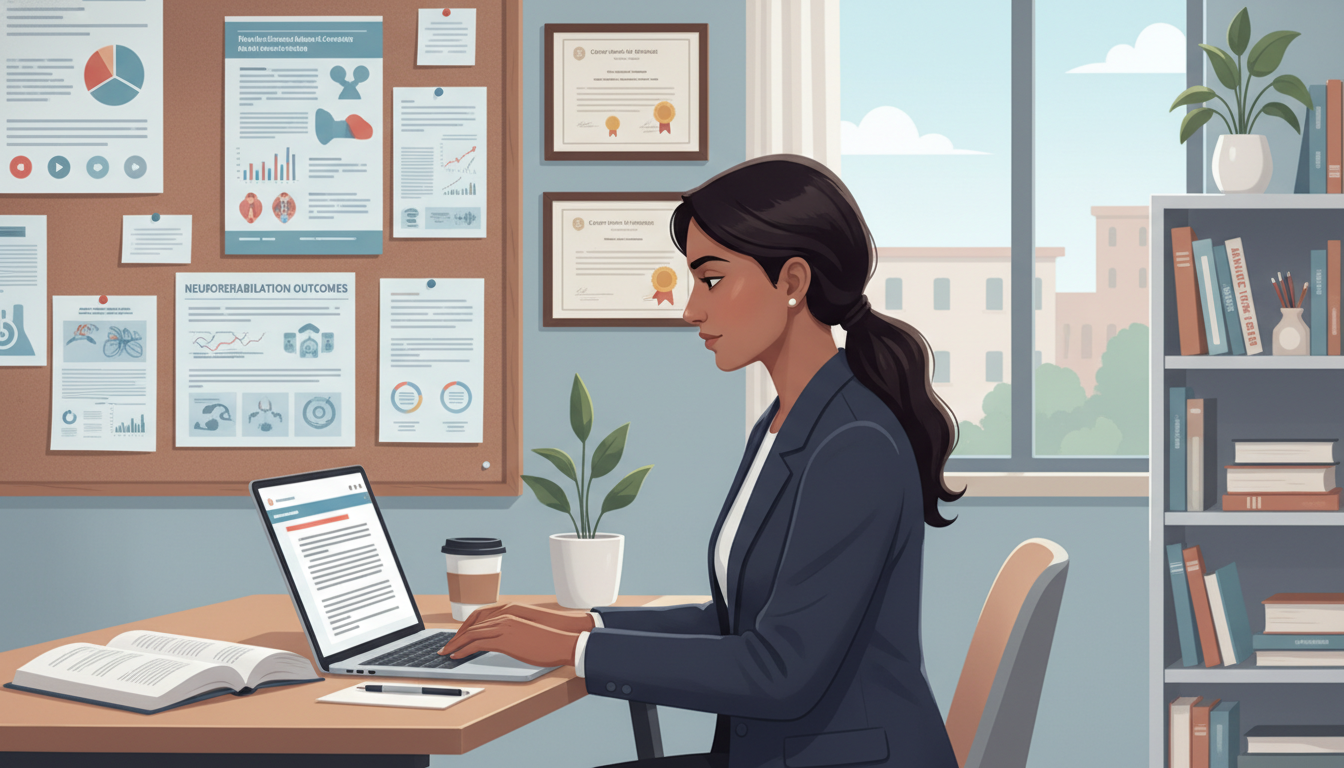 Medical student preparing a residency CV with research posters in background Medical student preparing a residency CV with research posters in background - IMG residency guide for CV Building for Intern