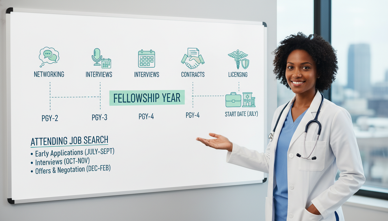 Timeline infographic for IMG physiatrist job search from residency to attending Timeline infographic for IMG physiatrist job search from residency to attending - IMG residency guide for Job Search Timing f