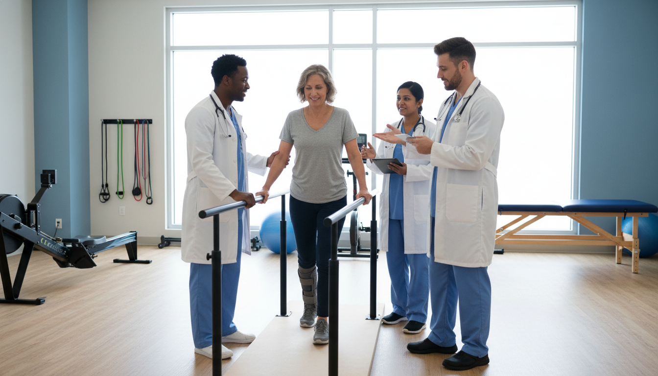Physiatry resident team working with patient in rehabilitation gym - IMG residency guide for Low Step Score Strategies for In
