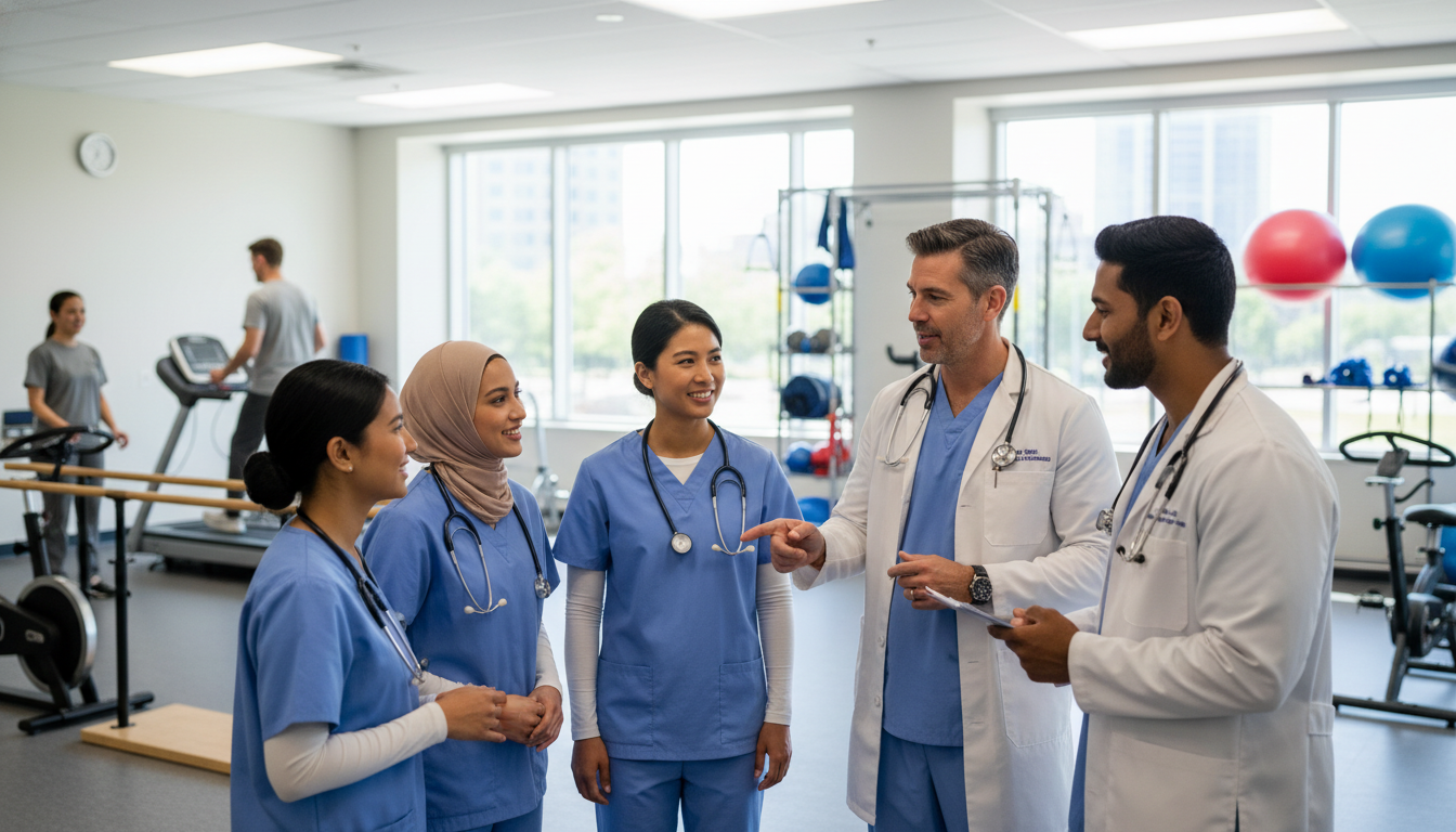 Physiatry residents and attending physician in rehabilitation gym Physiatry residents and attending physician in rehabilitation gym - IMG residency guide for How to Research Programs for Inte