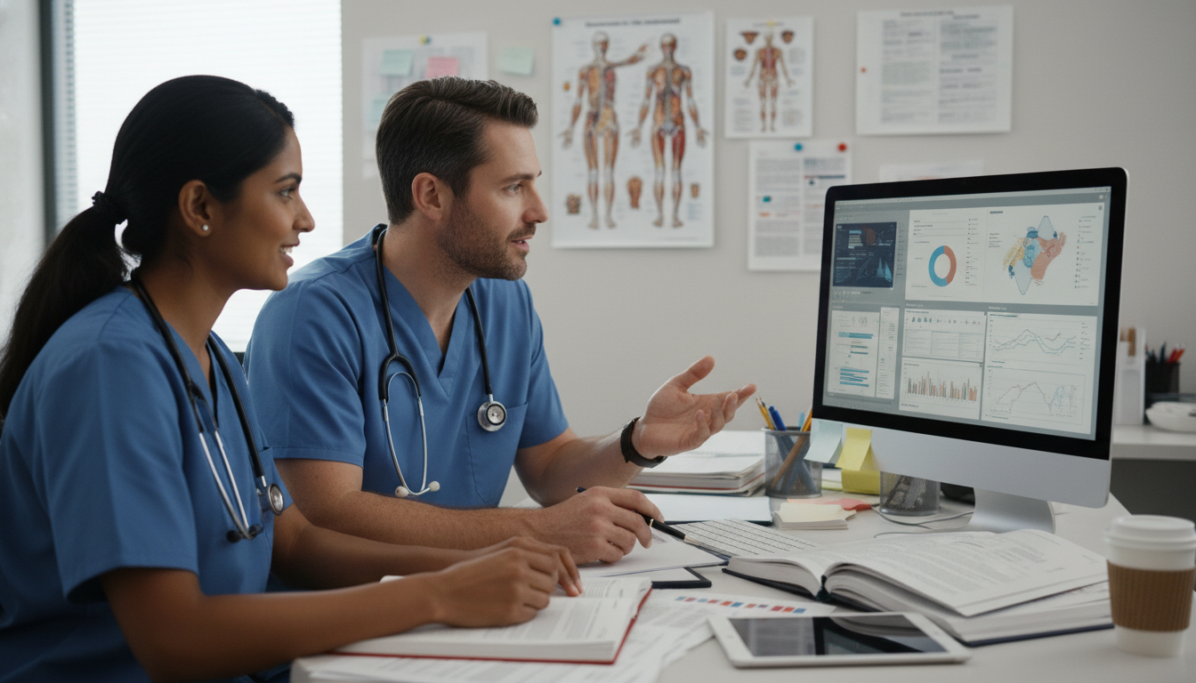 Physiatry resident discussing data with research mentor - IMG residency guide for Research During Residency for International