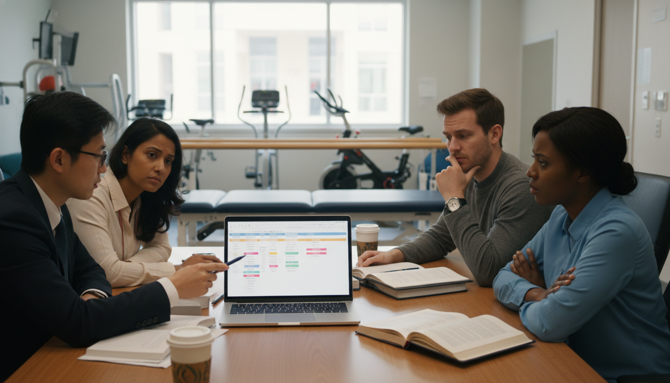 Physiatry residents reviewing rotation schedule and discussing workload Physiatry residents reviewing rotation schedule and discussing workload - IMG residency guide for Resident Turnover Warning S