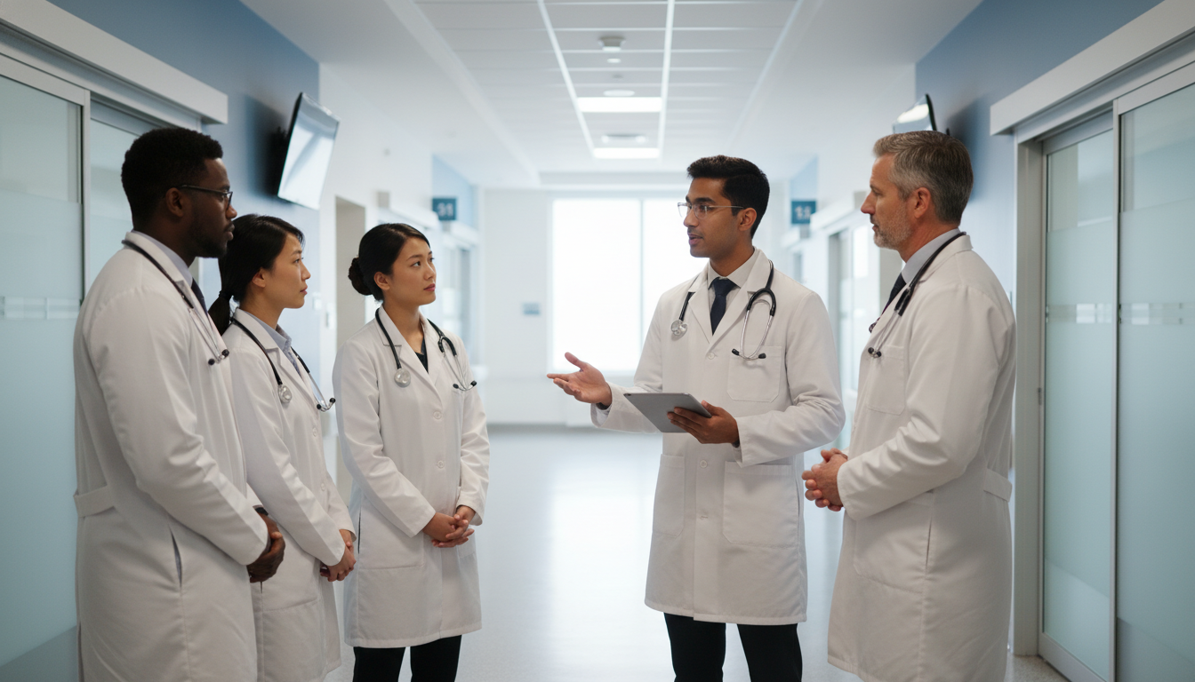 International medical graduate presenting a patient case on hospital rounds International medical graduate presenting a patient case on hospital rounds - IMG residency guide for Away Rotation Strategy