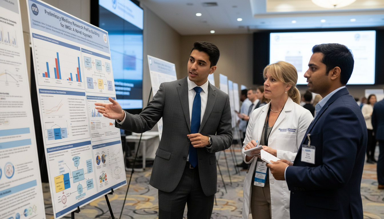 International medical graduate presenting a research poster at a medical conference International medical graduate presenting a research poster at a medical conference - IMG residency guide for Research Profil