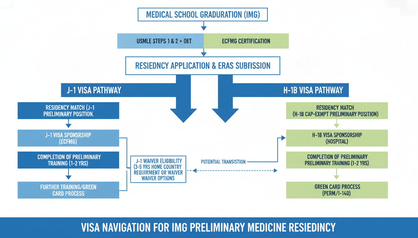 Flowchart of J-1 and H-1B visa pathways for preliminary medicine residents Flowchart of J-1 and H-1B visa pathways for preliminary medicine residents - IMG residency guide for Visa Navigation for Resi