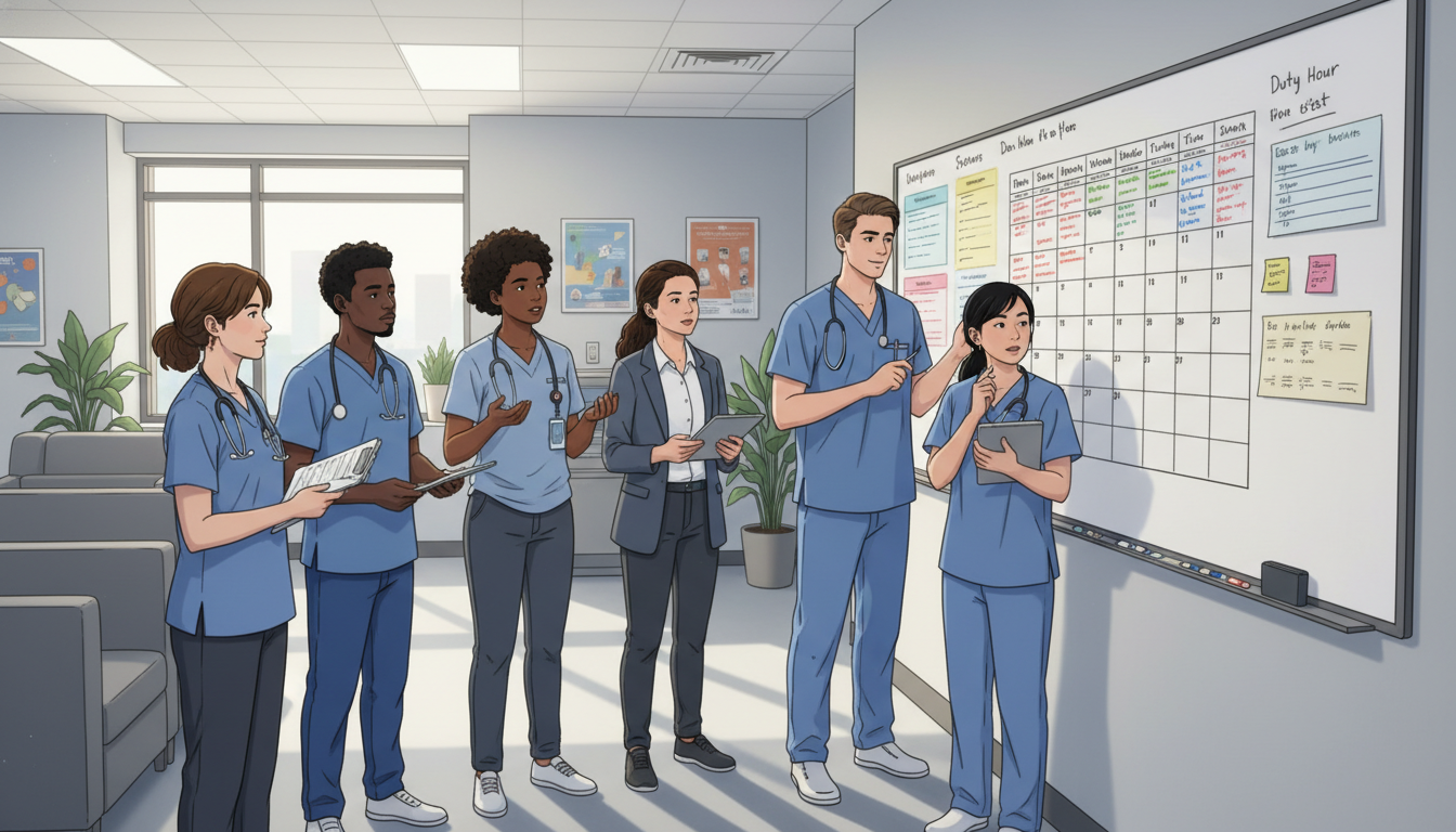 Resident physician reviewing duty hours and schedule on a whiteboard Resident physician reviewing duty hours and schedule on a whiteboard - IMG residency guide for Work-Life Balance Assessment f