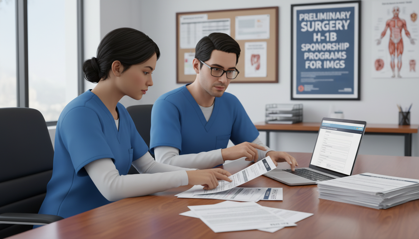 Surgery resident IMG reviewing visa documents with program coordinator Surgery resident IMG reviewing visa documents with program coordinator - IMG residency guide for H-1B Sponsorship Programs fo