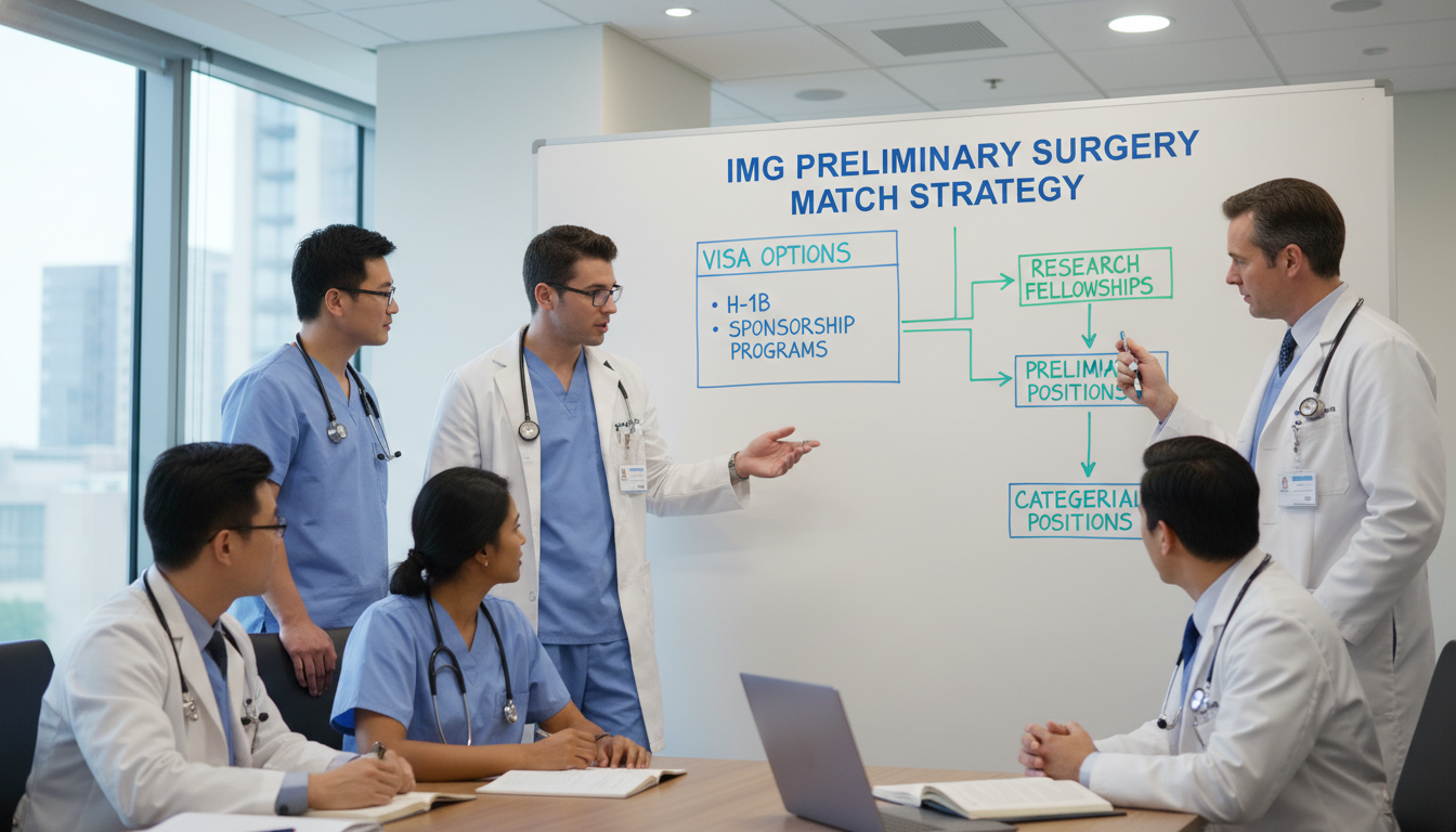 Surgical residents and attendings discussing match strategies at a whiteboard Surgical residents and attendings discussing match strategies at a whiteboard - IMG residency guide for H-1B Sponsorship Prog