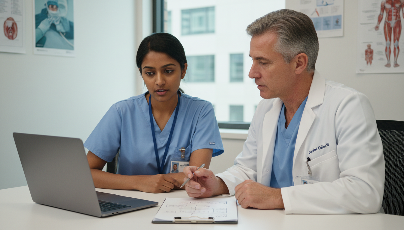 Preliminary surgery IMG discussing career options with mentor Preliminary surgery IMG discussing career options with mentor - IMG residency guide for Job Search Timing for International M