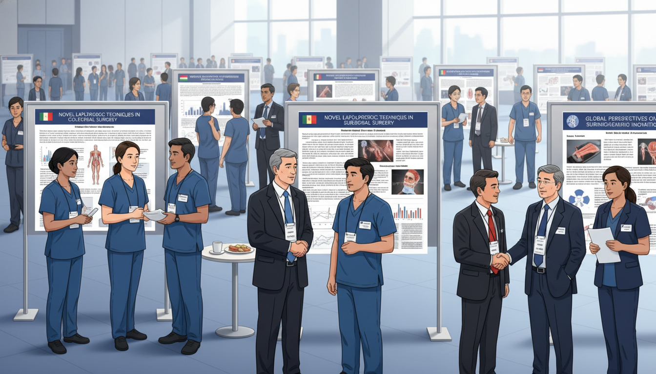 Medical professionals networking at a surgical conference poster session Medical professionals networking at a surgical conference poster session - IMG residency guide for Networking in Medicine for
